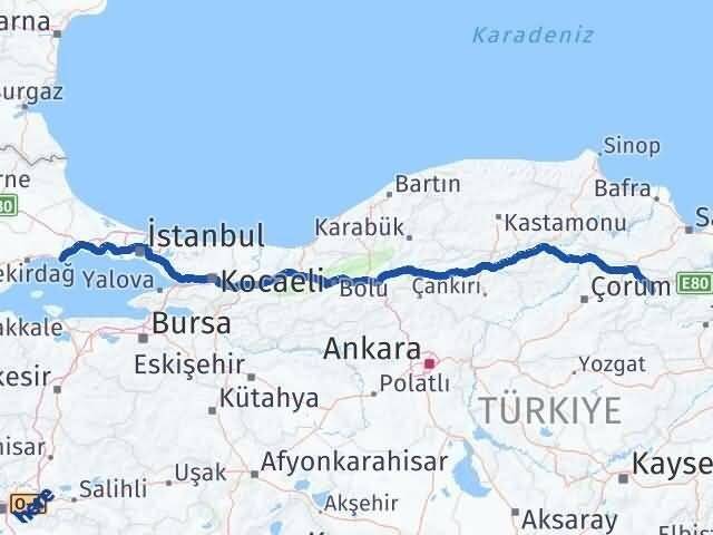 Amasya Marmaraereğlisi Tekirdağ Arası Kaç Km - Yol Haritası