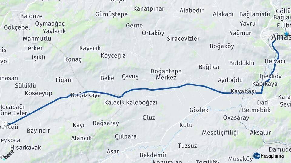 Amasya Mecitözü Çorum Arası Kaç Km - Yol Haritası