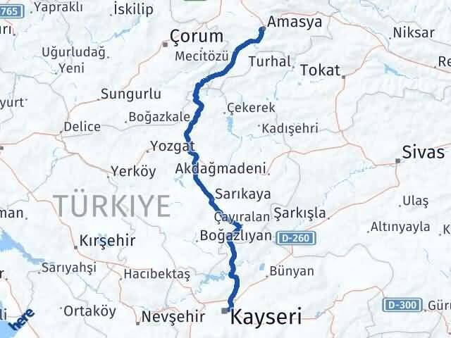 Amasya Melikgazi Kayseri Arası Kaç Km - Yol Haritası