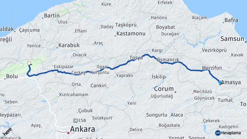 Amasya Mengen Bolu Arası Kaç Km - Yol Haritası