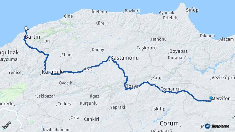 Amasya Merzifon Amasra Bartın Arası Kaç Km - Yol Haritası