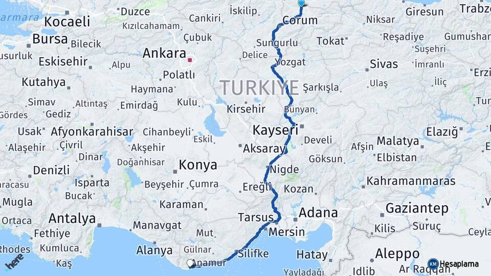 Amasya Merzifon Anamur Mersin Arası Kaç Km - Yol Haritası