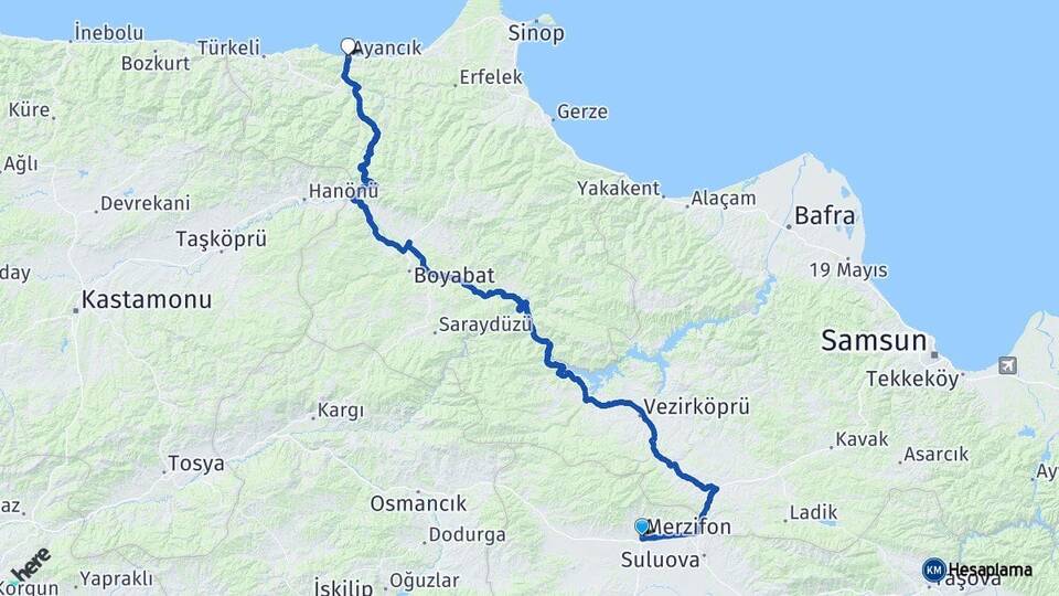Amasya Merzifon Ayancık Sinop Arası Kaç Km - Yol Haritası