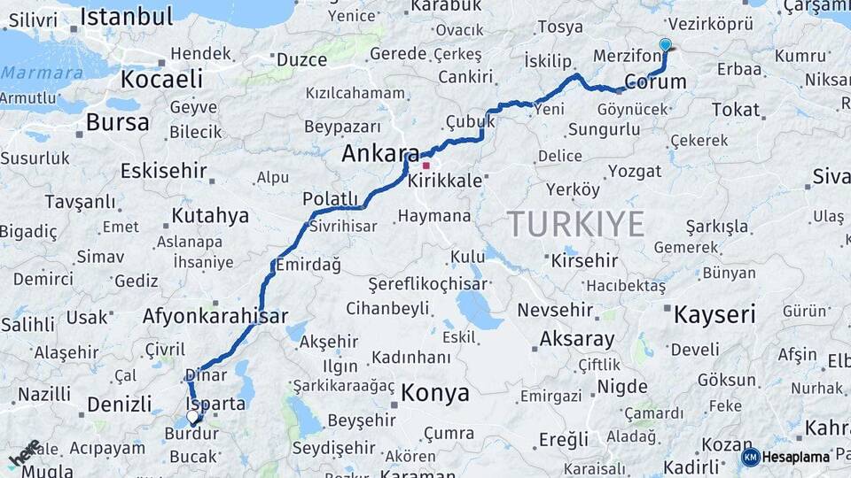 Amasya Merzifon Burdur Arası Kaç Km - Yol Haritası