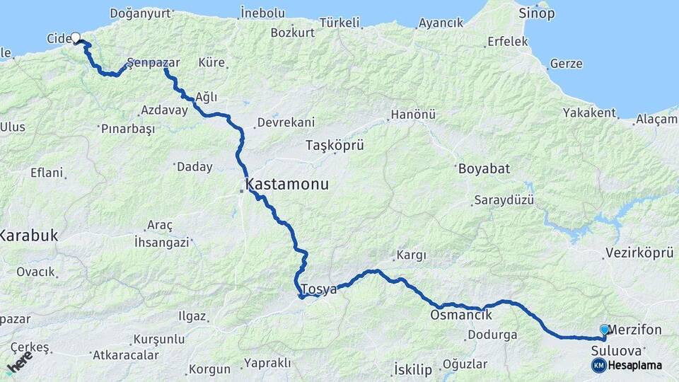 Amasya Merzifon Cide Kastamonu Arası Kaç Km - Yol Haritası