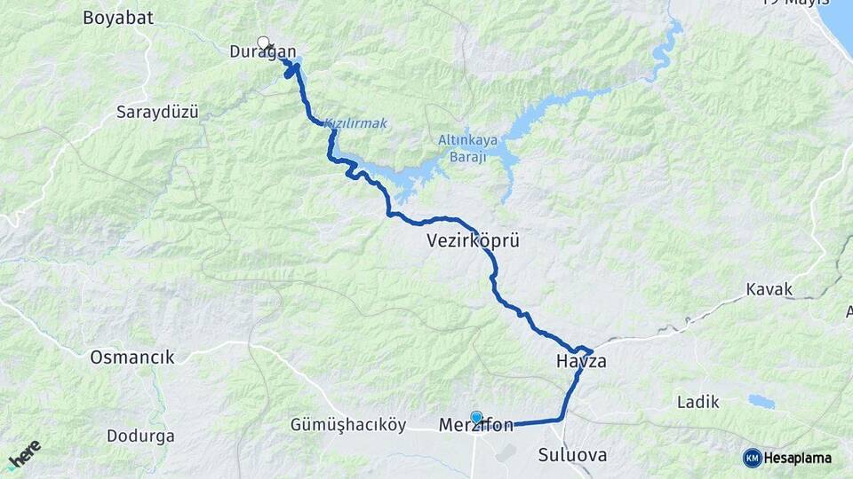Amasya Merzifon Durağan Sinop Arası Kaç Km - Yol Haritası