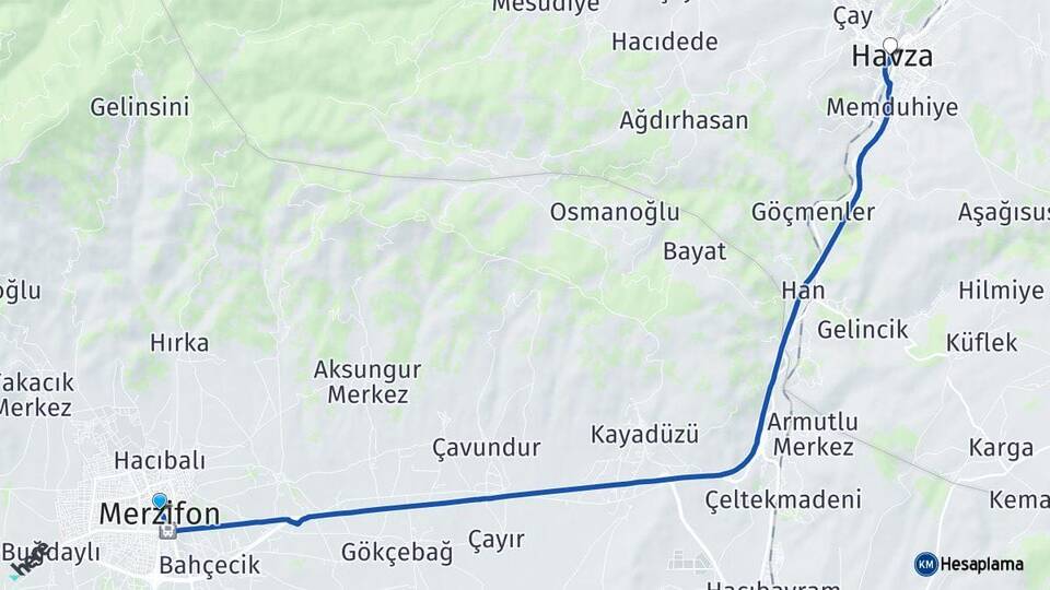 Amasya Merzifon Havza Samsun Arası Kaç Km - Yol Haritası