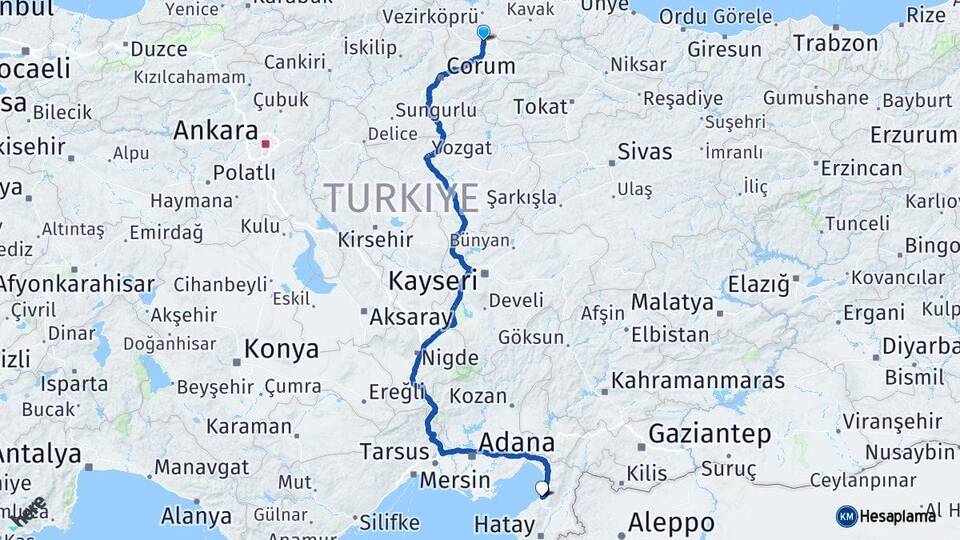 Amasya Merzifon İskenderun Hatay Arası Kaç Km - Yol Haritası