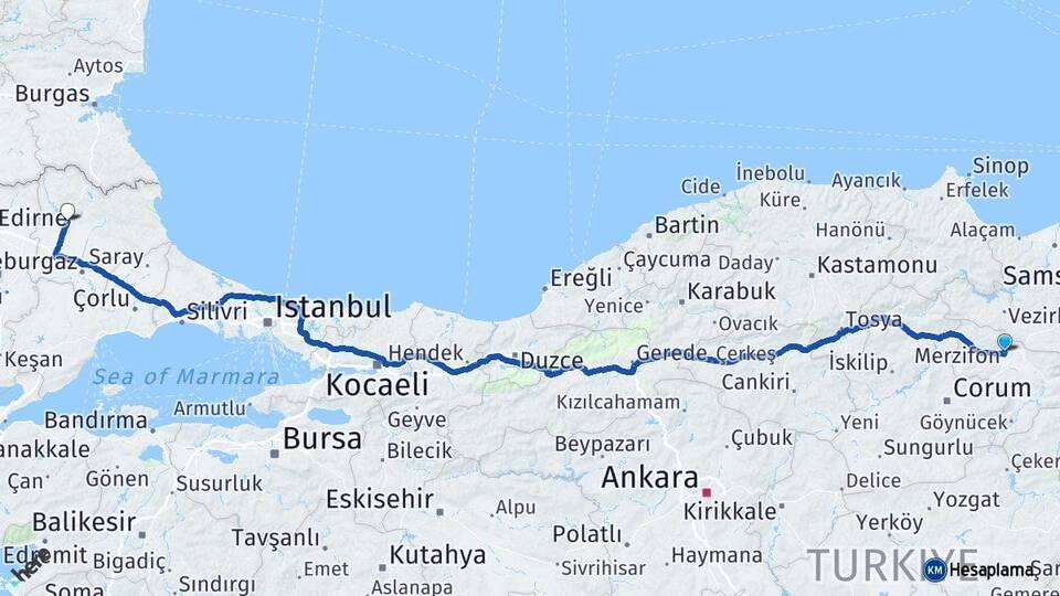 Amasya Merzifon Kırklareli Arası Kaç Km - Yol Haritası