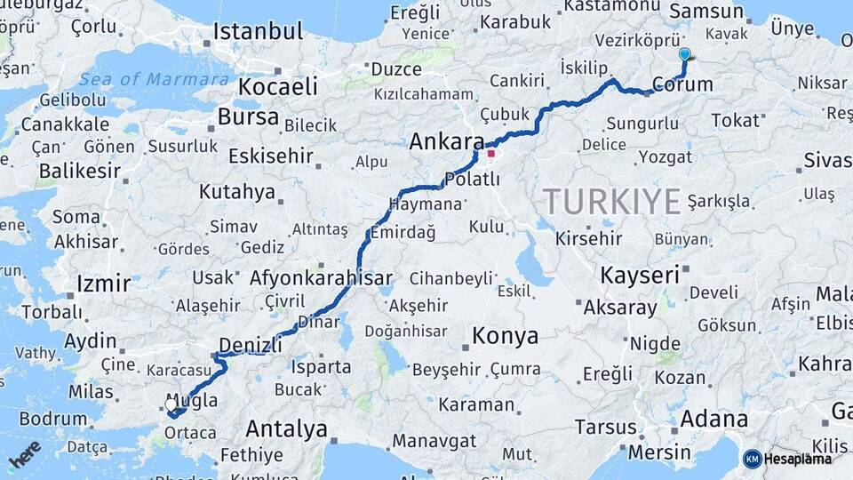Amasya Merzifon Muğla Arası Kaç Km - Yol Haritası