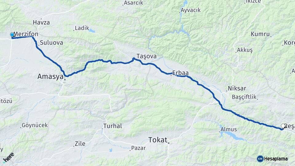 Amasya Merzifon Reşadiye Tokat Arası Kaç Km - Yol Haritası