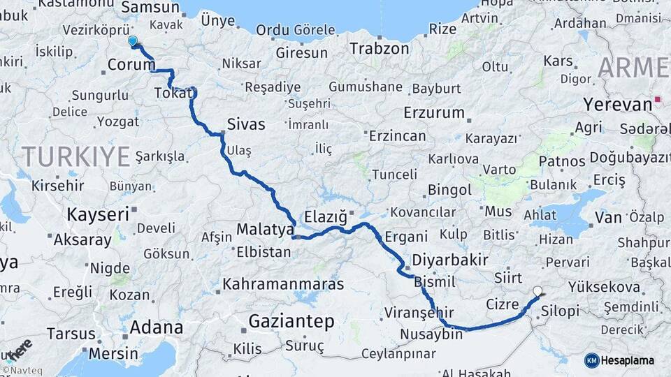 Amasya Merzifon Şırnak Arası Kaç Km - Yol Haritası