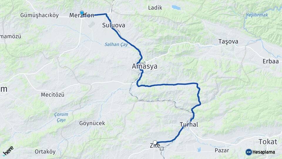 Amasya Merzifon Zile Tokat Arası Kaç Km - Yol Haritası