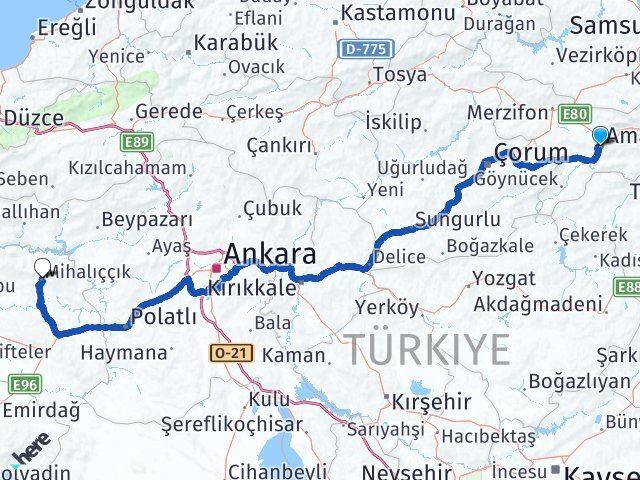 Amasya Mihalıççık Eskişehir Arası Kaç Km - Yol Haritası