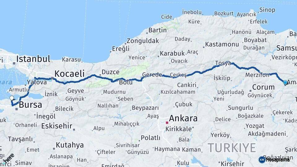Amasya Mudanya Bursa Arası Kaç Km - Yol Haritası
