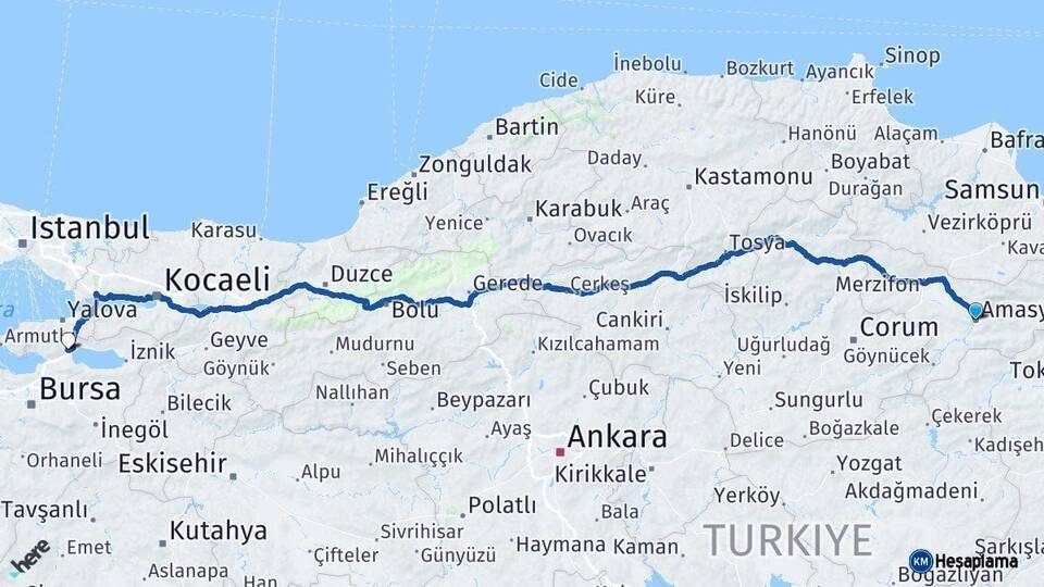 Amasya Orhangazi Bursa Arası Kaç Km - Yol Haritası