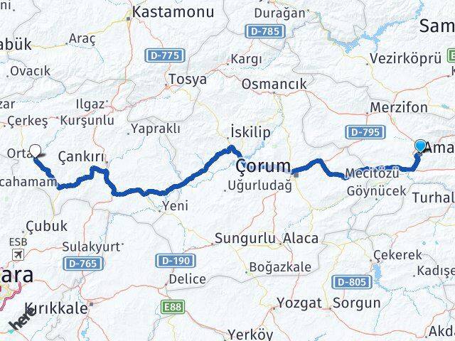 Amasya Orta Çankırı Arası Kaç Km - Yol Haritası