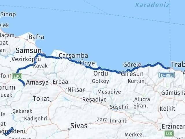 Amasya Ortahisar Trabzon Arası Kaç Km - Yol Haritası