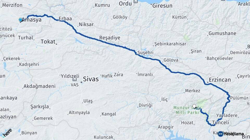 Amasya Ovacık Tunceli Arası Kaç Km - Yol Haritası