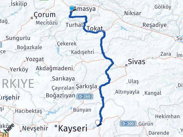 Amasya Pınarbaşı Kayseri Arası Kaç Km - Yol Haritası