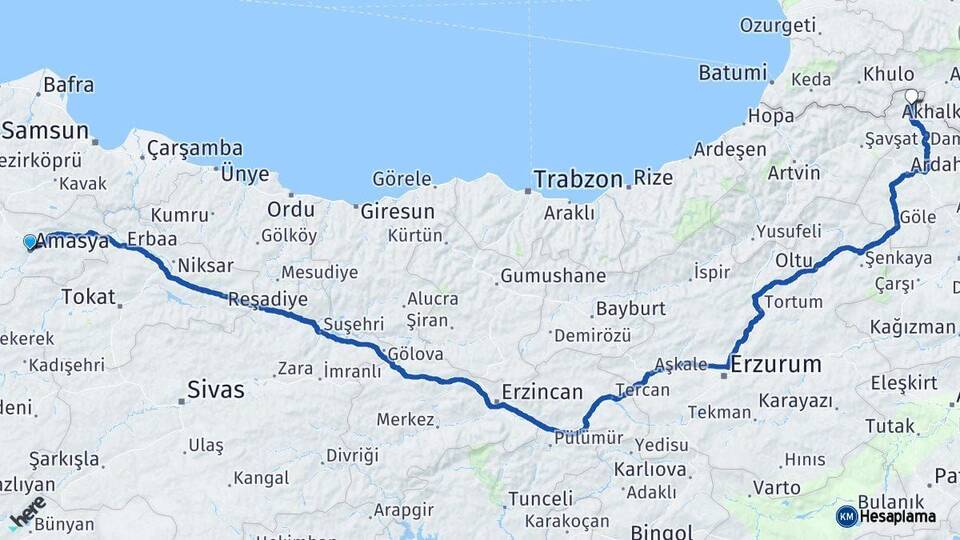 Amasya Posof Ardahan Arası Kaç Km - Yol Haritası