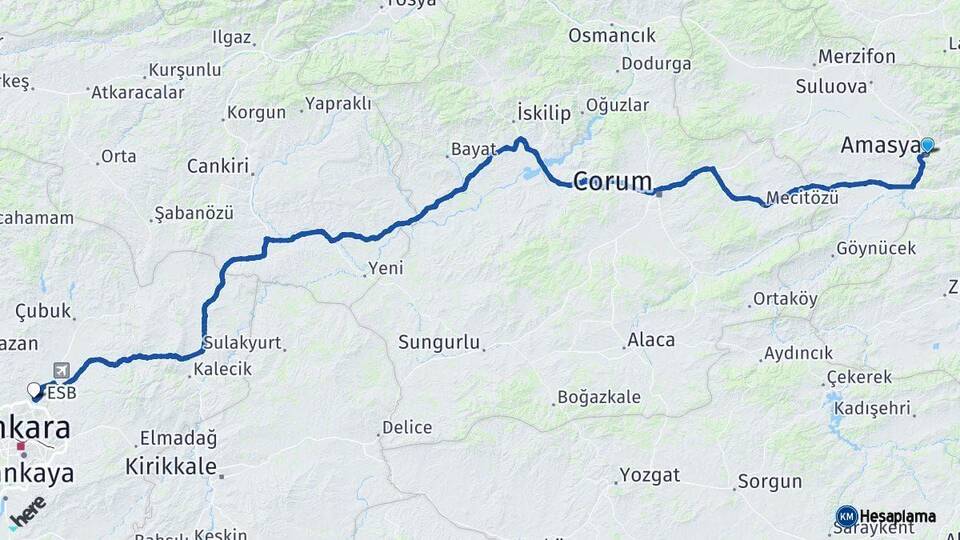Amasya Pursaklar Ankara Arası Kaç Km - Yol Haritası
