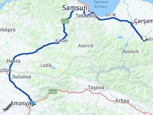 Amasya Salıpazarı Samsun Arası Kaç Km - Yol Haritası
