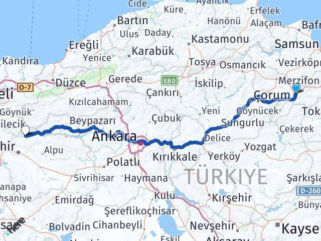 Amasya Sarıcakaya Eskişehir Arası Kaç Km - Yol Haritası
