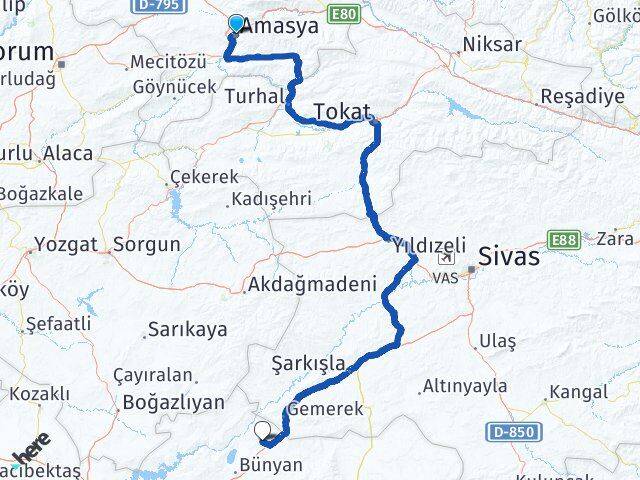 Amasya Sarıoğlan Kayseri Arası Kaç Km - Yol Haritası