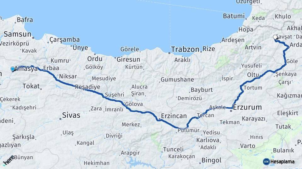 Amasya Şavşat Artvin Arası Kaç Km - Yol Haritası