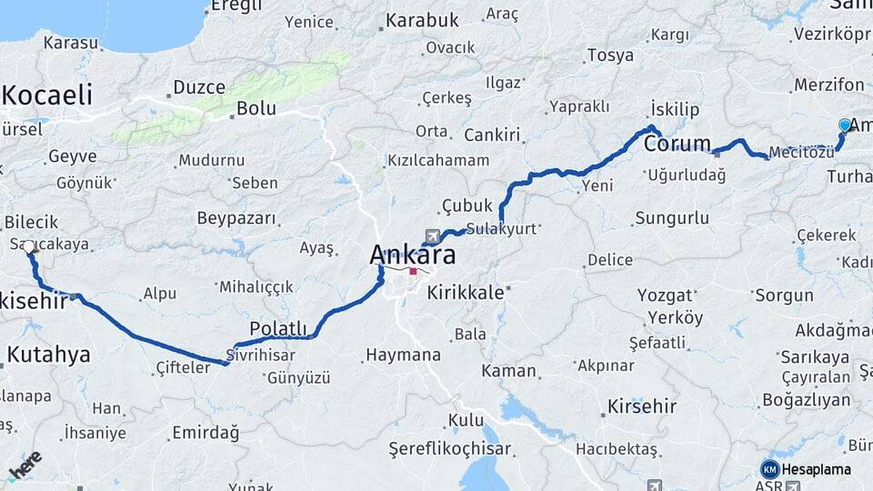 Amasya Söğüt Bilecik Arası Kaç Km - Yol Haritası