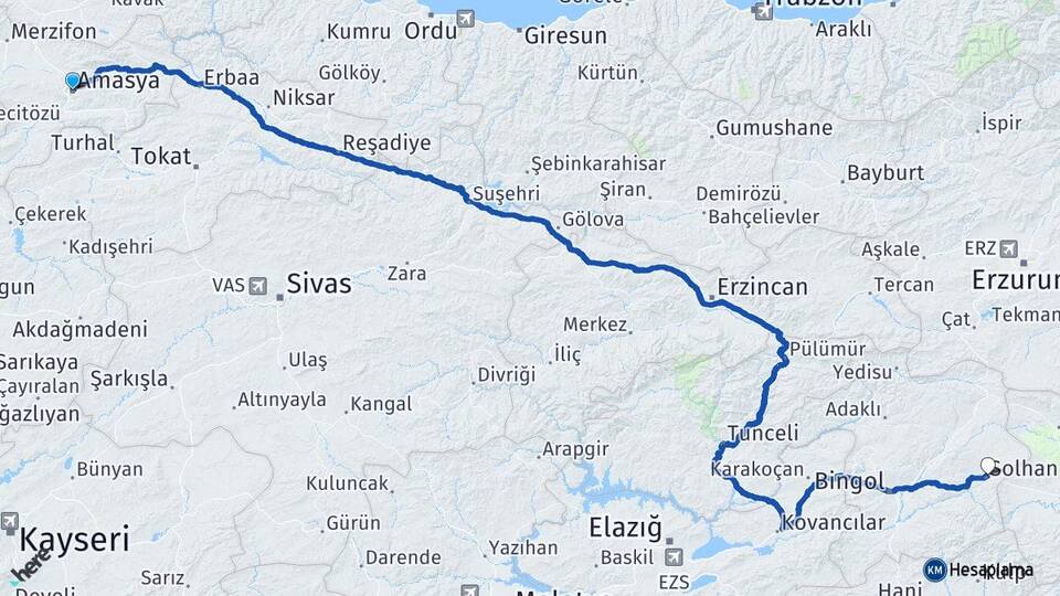 Amasya Solhan Bingöl Arası Kaç Km - Yol Haritası
