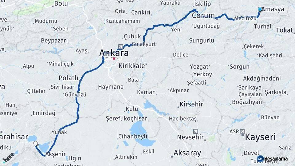 Amasya Sultandağı Afyonkarahisar Arası Kaç Km - Yol Haritası
