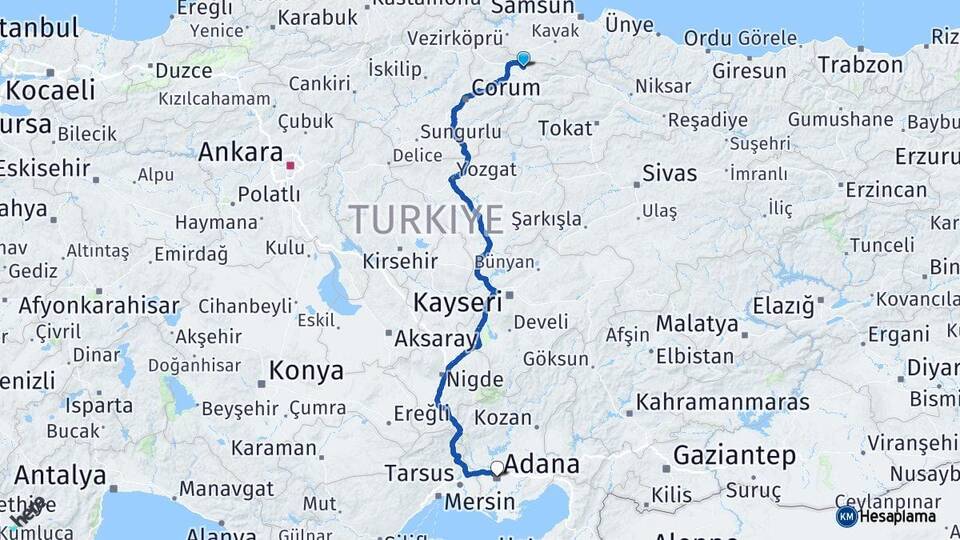 Amasya Suluova Adana Arası Kaç Km - Yol Haritası