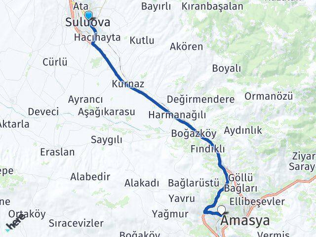 Amasya Suluova Akbilek Arası Kaç Km - Yol Haritası