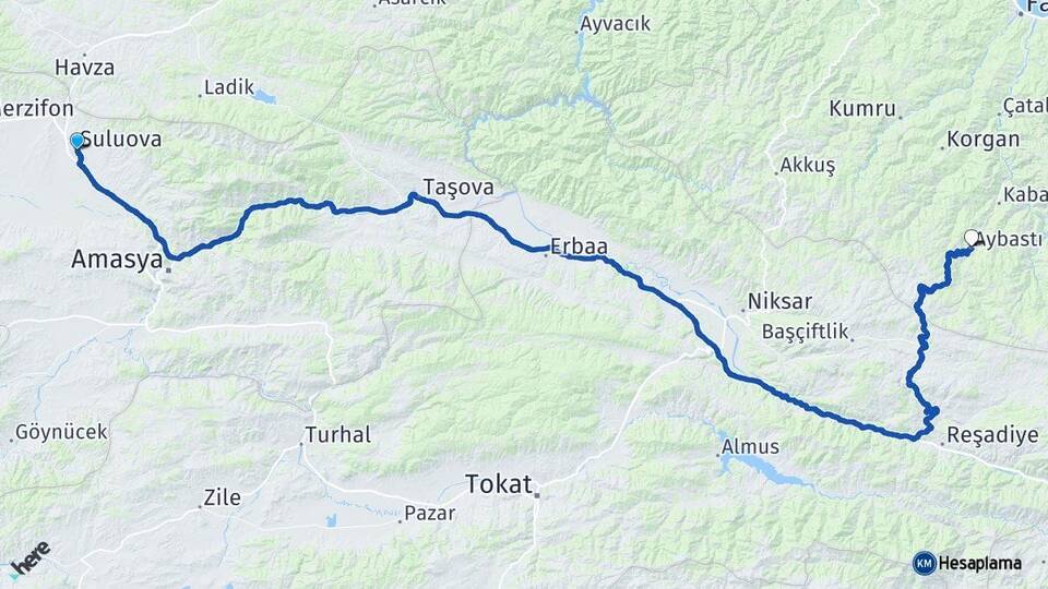 Amasya Suluova Aybastı Ordu Arası Kaç Km - Yol Haritası