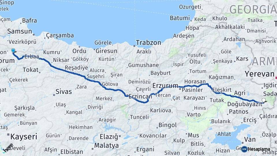 Amasya Suluova Doğubayazıt Ağrı Arası Kaç Km - Yol Haritası