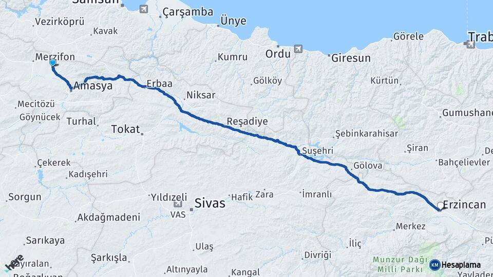 Amasya Suluova Erzincan Arası Kaç Km - Yol Haritası