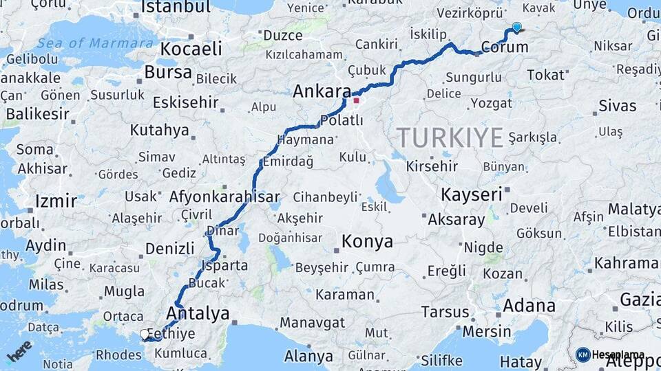 Amasya Suluova Fethiye Muğla Arası Kaç Km - Yol Haritası