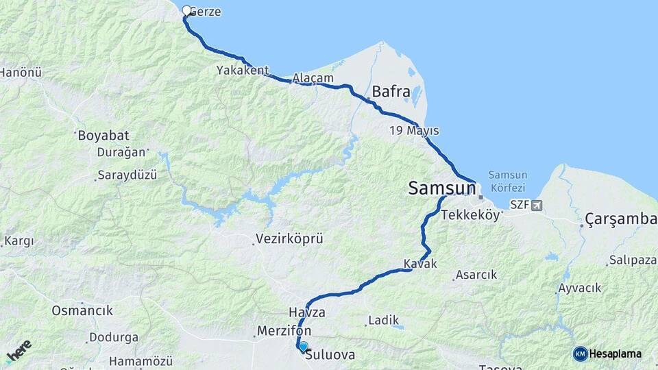 Amasya Suluova Gerze Sinop Arası Kaç Km - Yol Haritası