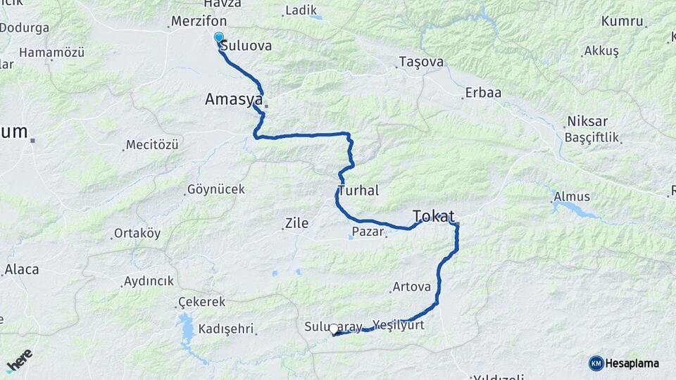 Amasya Suluova Sulusaray Tokat Arası Kaç Km - Yol Haritası