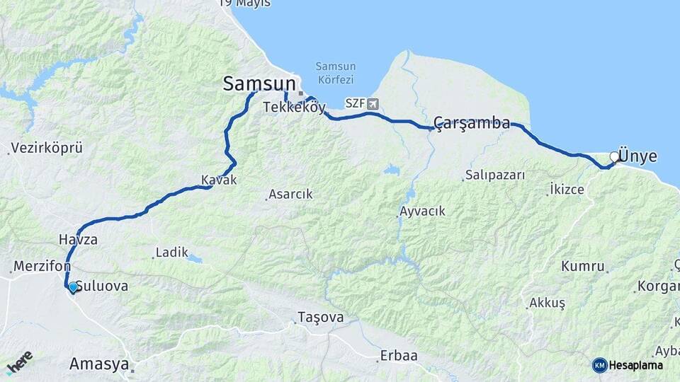 Amasya Suluova Ünye Ordu Arası Kaç Km - Yol Haritası