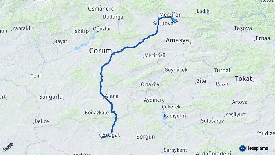Amasya Suluova Yozgat Arası Kaç Km - Yol Haritası