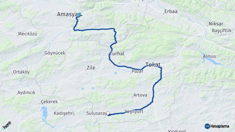 Amasya Sulusaray Tokat Arası Kaç Km - Yol Haritası