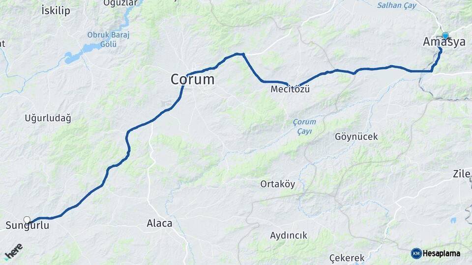 Amasya Sungurlu Çorum Arası Kaç Km - Yol Haritası