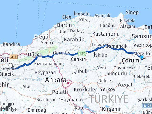 Amasya Taraklı Sakarya Arası Kaç Km - Yol Haritası