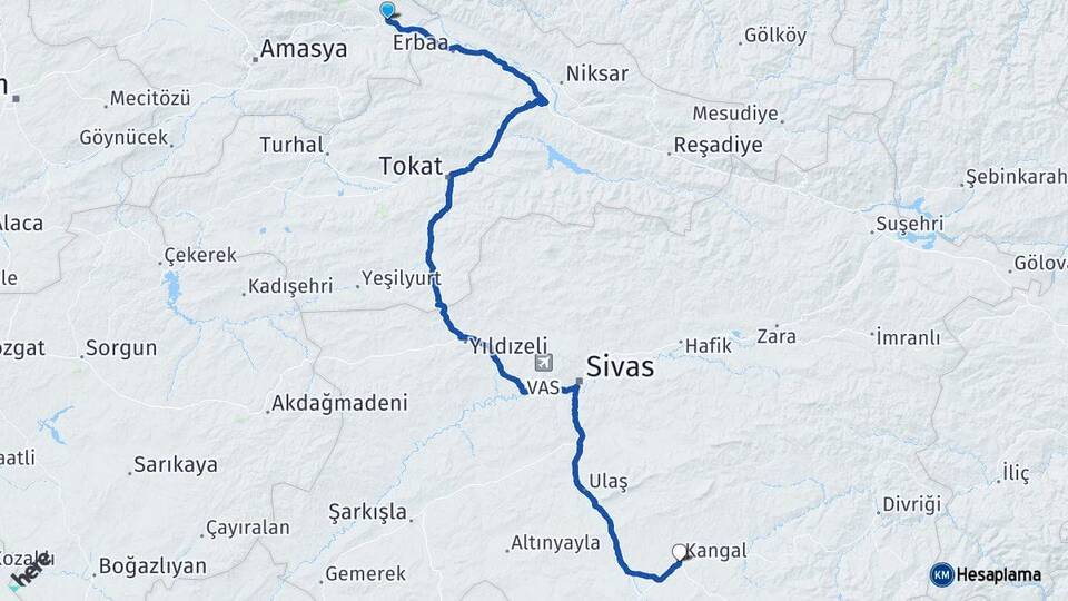 Amasya Taşova Kangal Sivas Arası Kaç Km - Yol Haritası