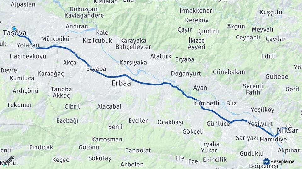 Amasya Taşova Niksar Tokat Arası Kaç Km - Yol Haritası