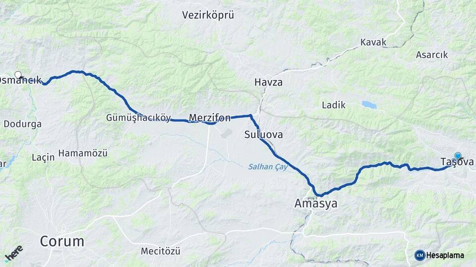 Amasya Taşova Osmancık Çorum Arası Kaç Km - Yol Haritası