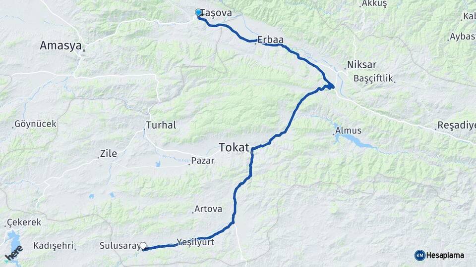 Amasya Taşova Sulusaray Tokat Arası Kaç Km - Yol Haritası